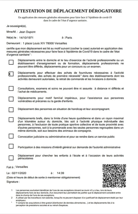 attestation de déplacement