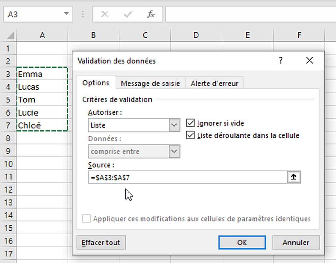 Liste déroulante Excel créer, insérer, modifier, supprimer