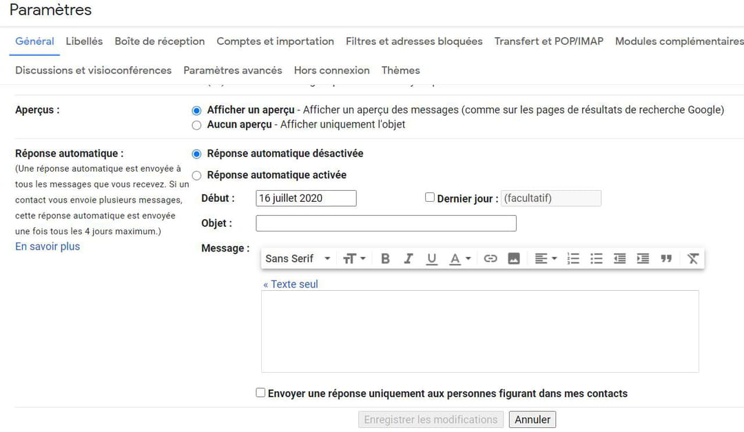 Réponse automatique Gmail : créer un message d'absence