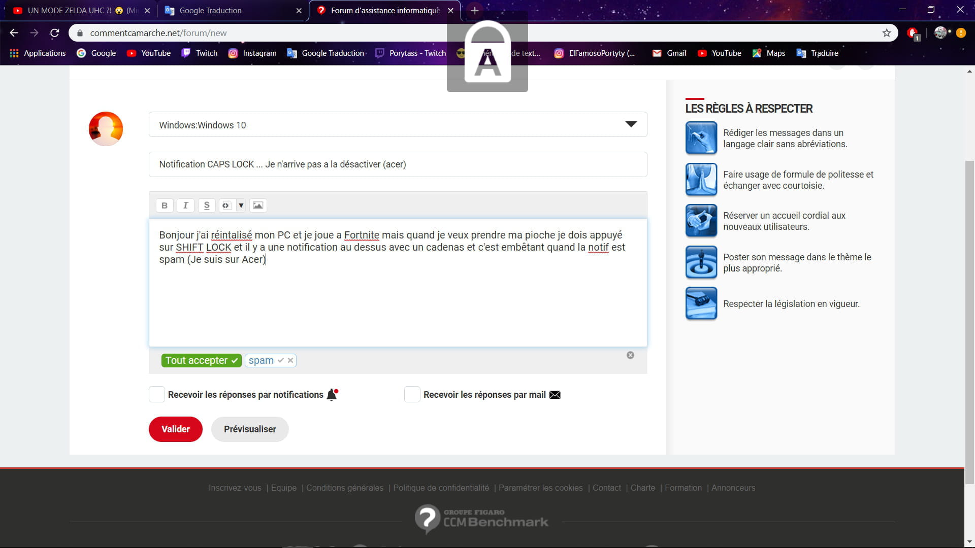 Notification CAPS LOCK Je n