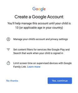 create gmail child account