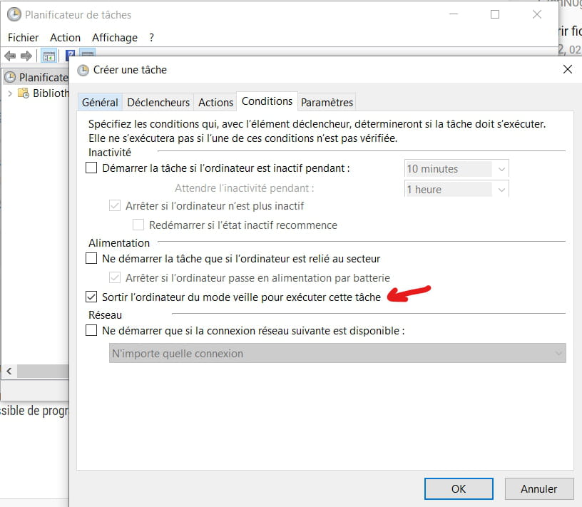 Option de tâche pour sortir automatiquement de veille