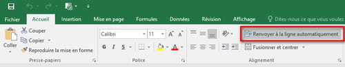 Renvoyer à la ligne sur Excel