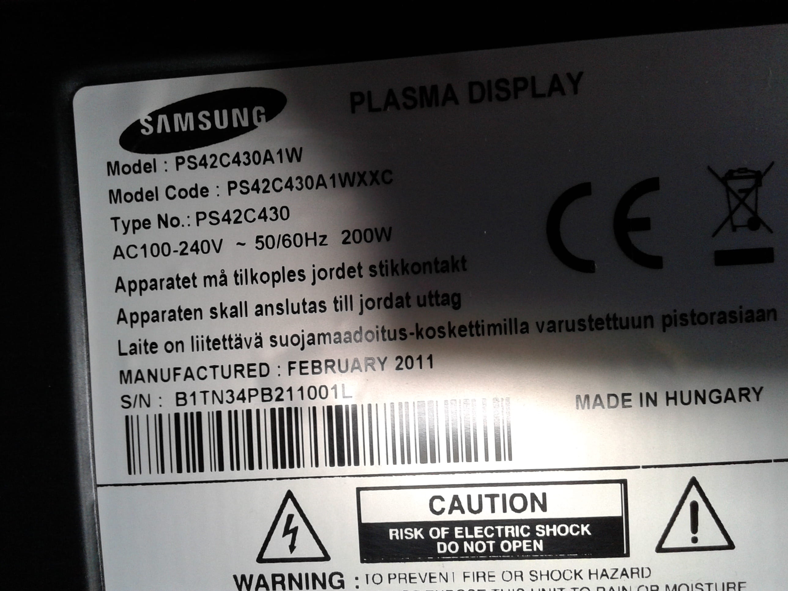 Panne TV samsung plasma 42" PS42C430A1W